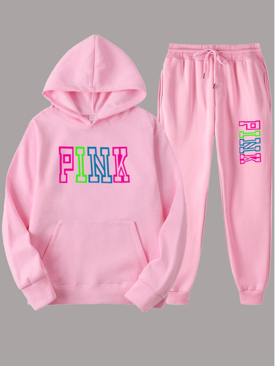 Plus Size Pink Letter Print Pants Set AR5057