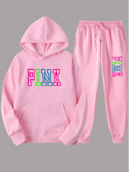 Plus Size Pink Letter Print Pants Set AR5057