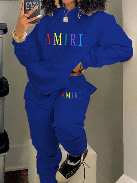 Plus Size Letter Print Kangaroo Pocket Tracksuit Set AT9055