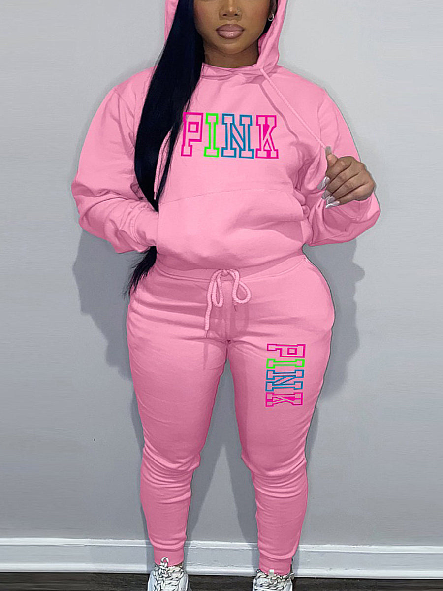 Plus Size Pink Letter Print Pants Set AR5057