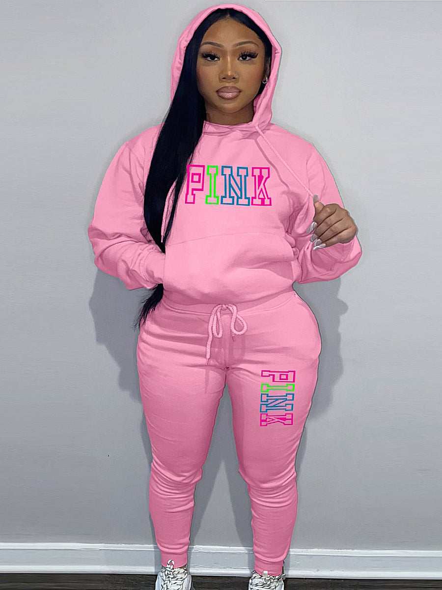 Plus Size Pink Letter Print Pants Set AR5057