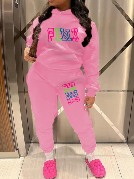 Plus Size Pink Letter Print Pants Set AR5057