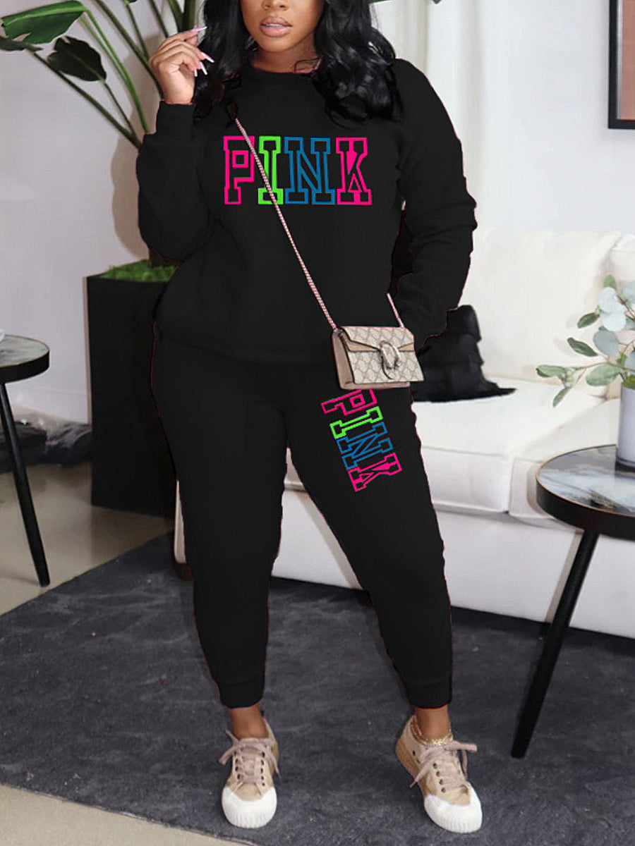 Plus Size Pink Letter Print Pants Set AR5057