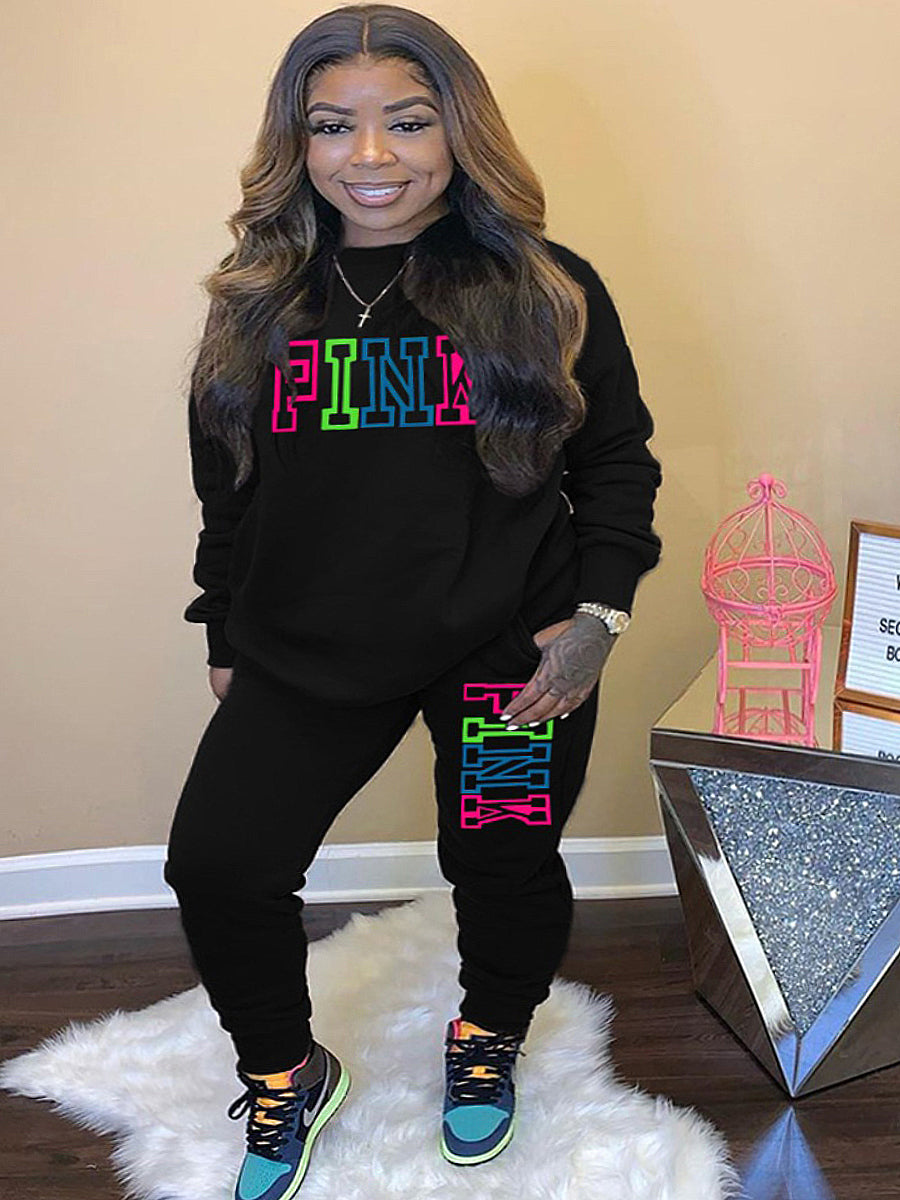 Plus Size Pink Letter Print Pants Set AR5057