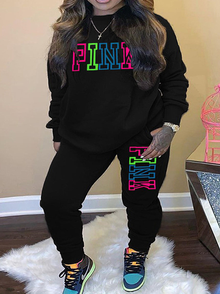 Plus Size Pink Letter Print Pants Set AR5057