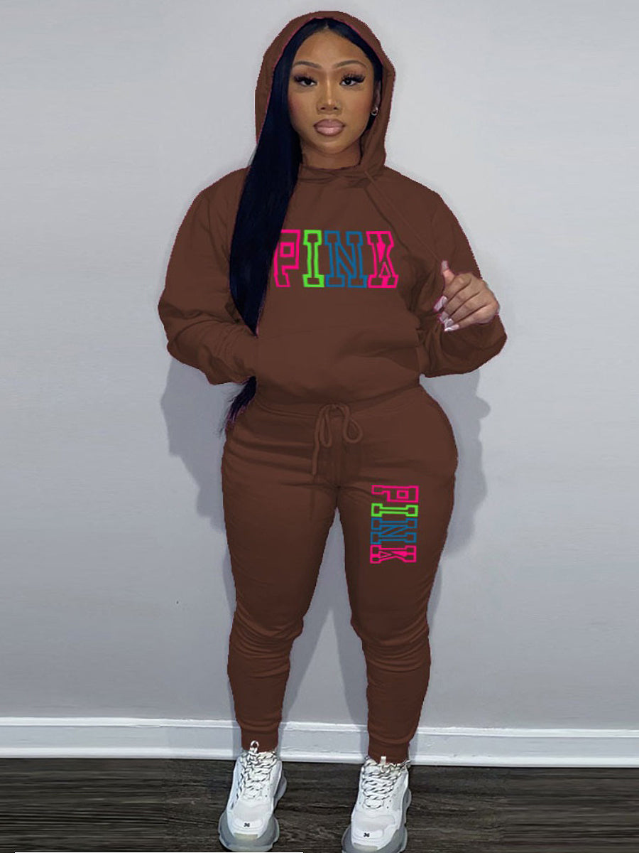 Plus Size Pink Letter Print Pants Set AR5057