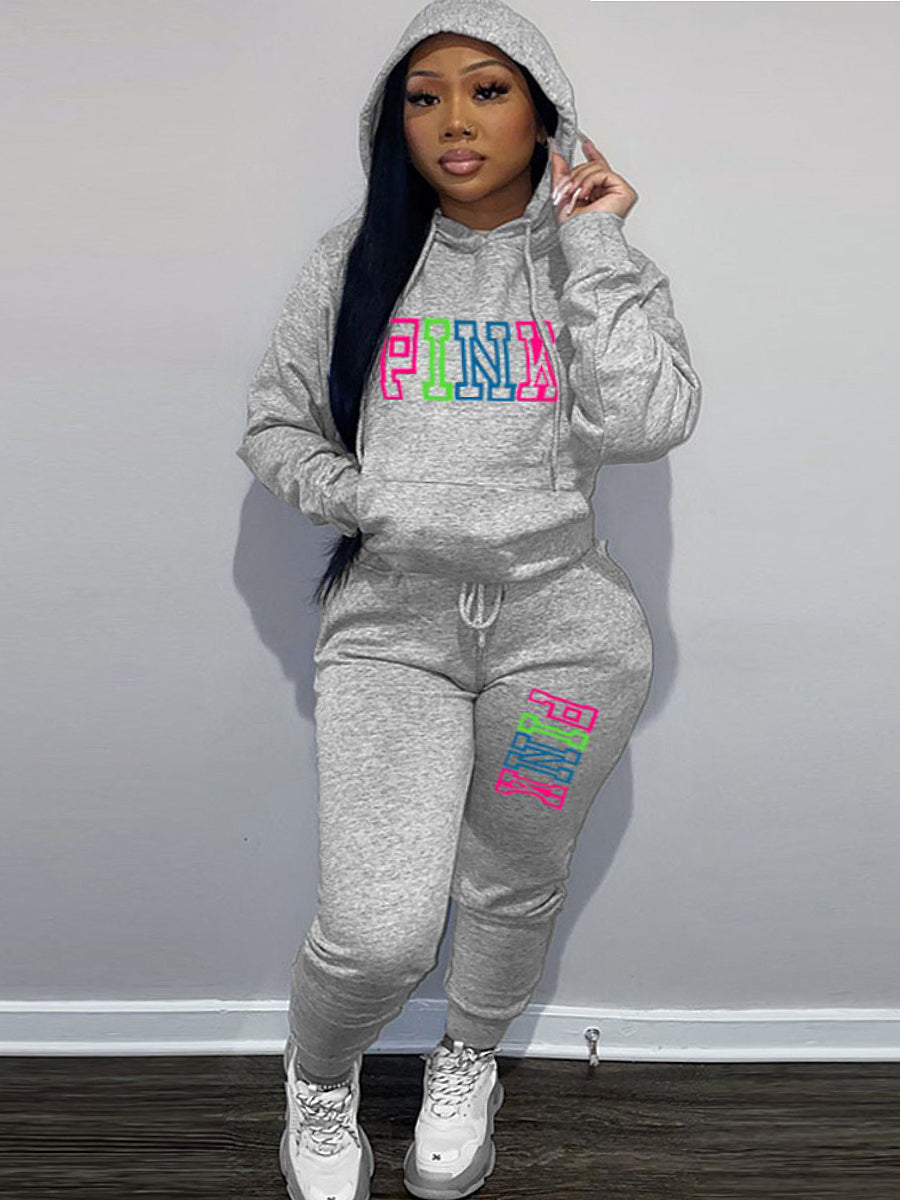 Plus Size Pink Letter Print Pants Set AR5057