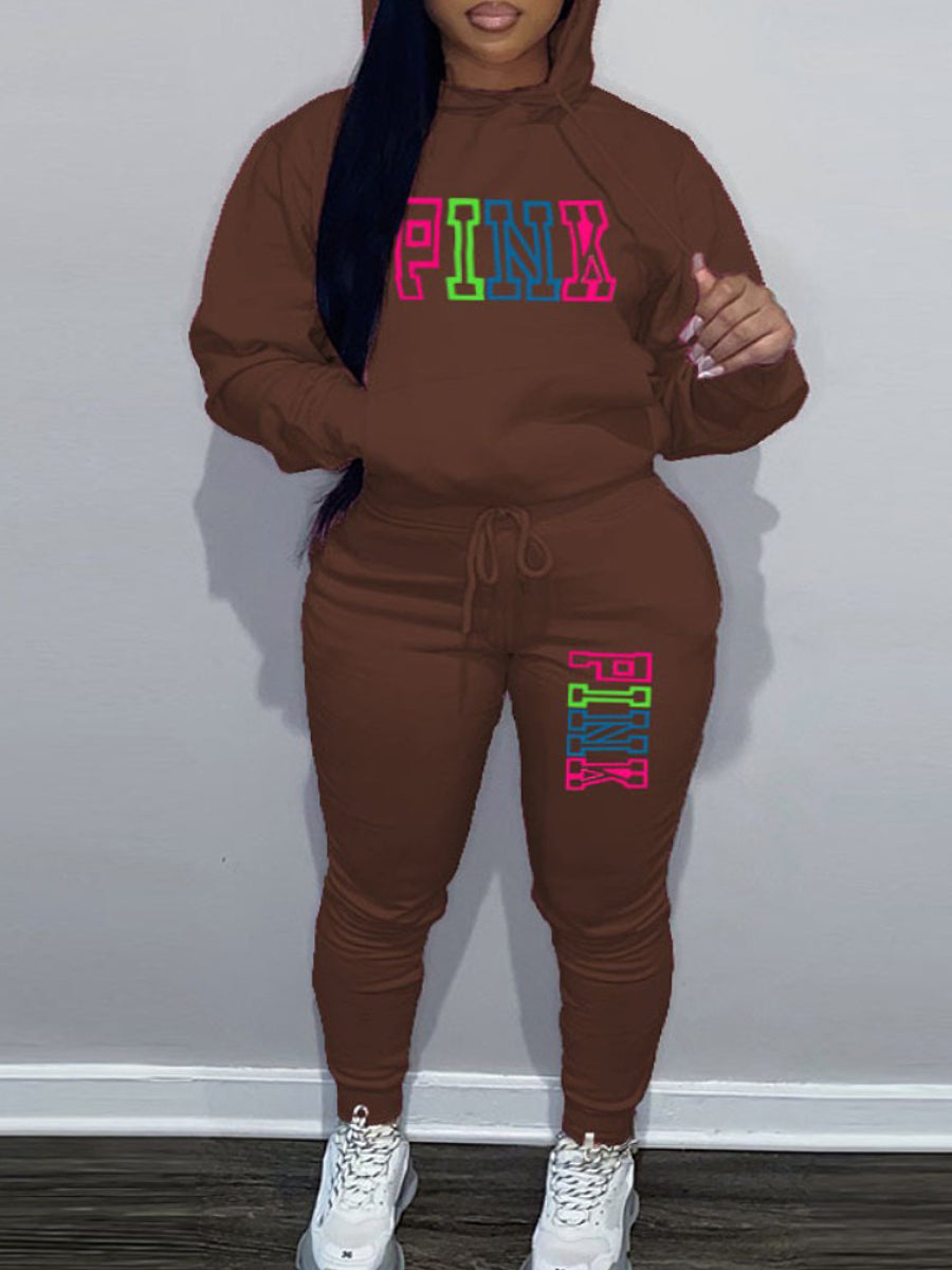 Plus Size Pink Letter Print Pants Set AR5057