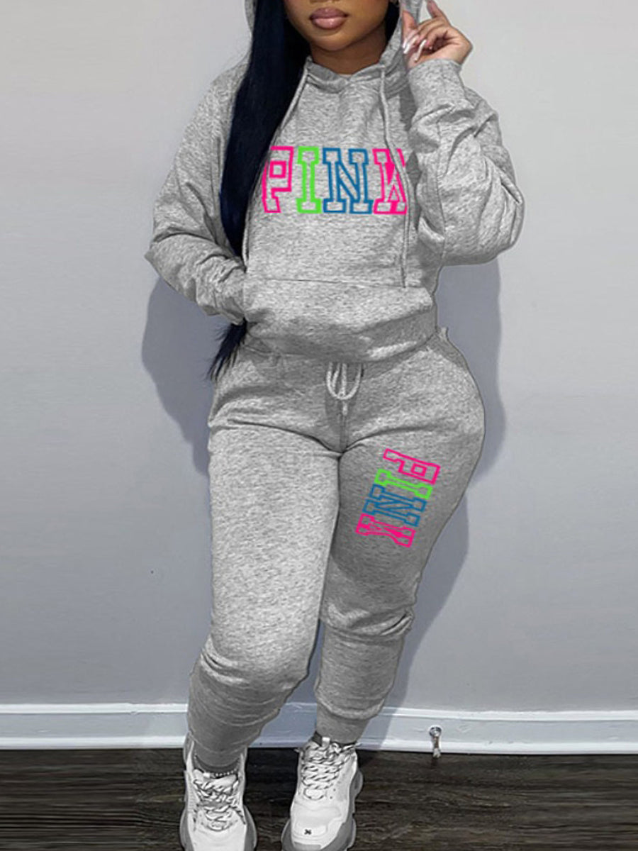 Plus Size Pink Letter Print Pants Set AR5057