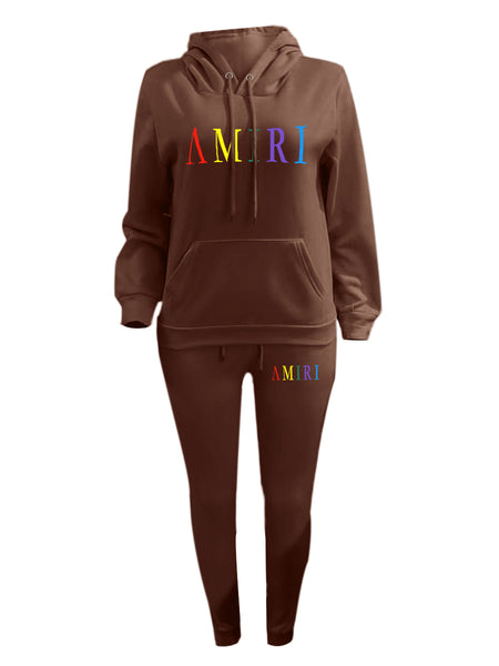 Plus Size Letter Print Kangaroo Pocket Tracksuit Set AT9055