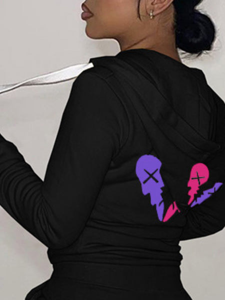 Hooded Collar Broken Heart Print Tracksuit Set AT9050