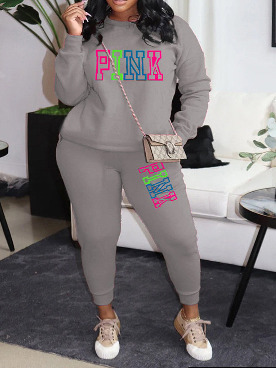 Plus Size Pink Letter Print Pants Set AR5057