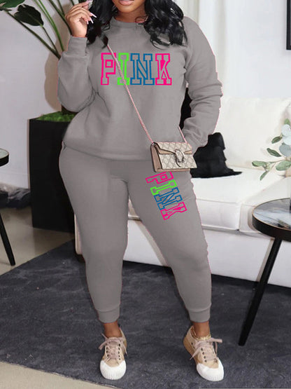 Plus Size Pink Letter Print Pants Set AR5057