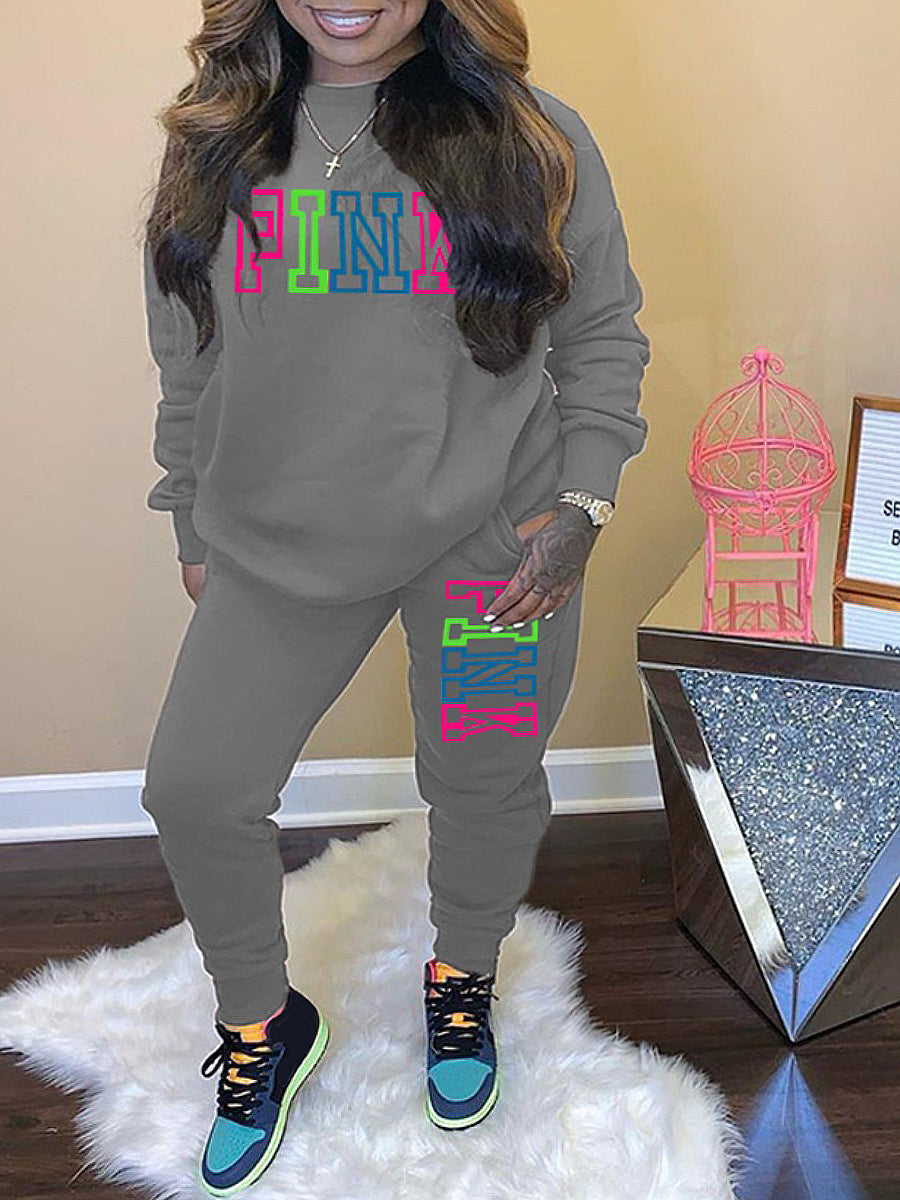 Plus Size Pink Letter Print Pants Set AR5057