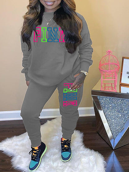 Plus Size Pink Letter Print Pants Set AR5057
