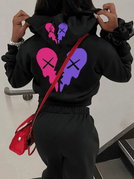 Hooded Collar Broken Heart Print Tracksuit Set AT9050