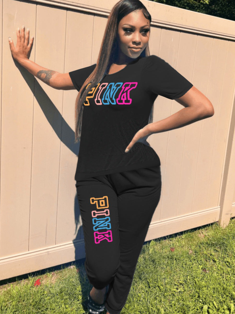 Plus Size Pink Letter Print Pants Set AR5057
