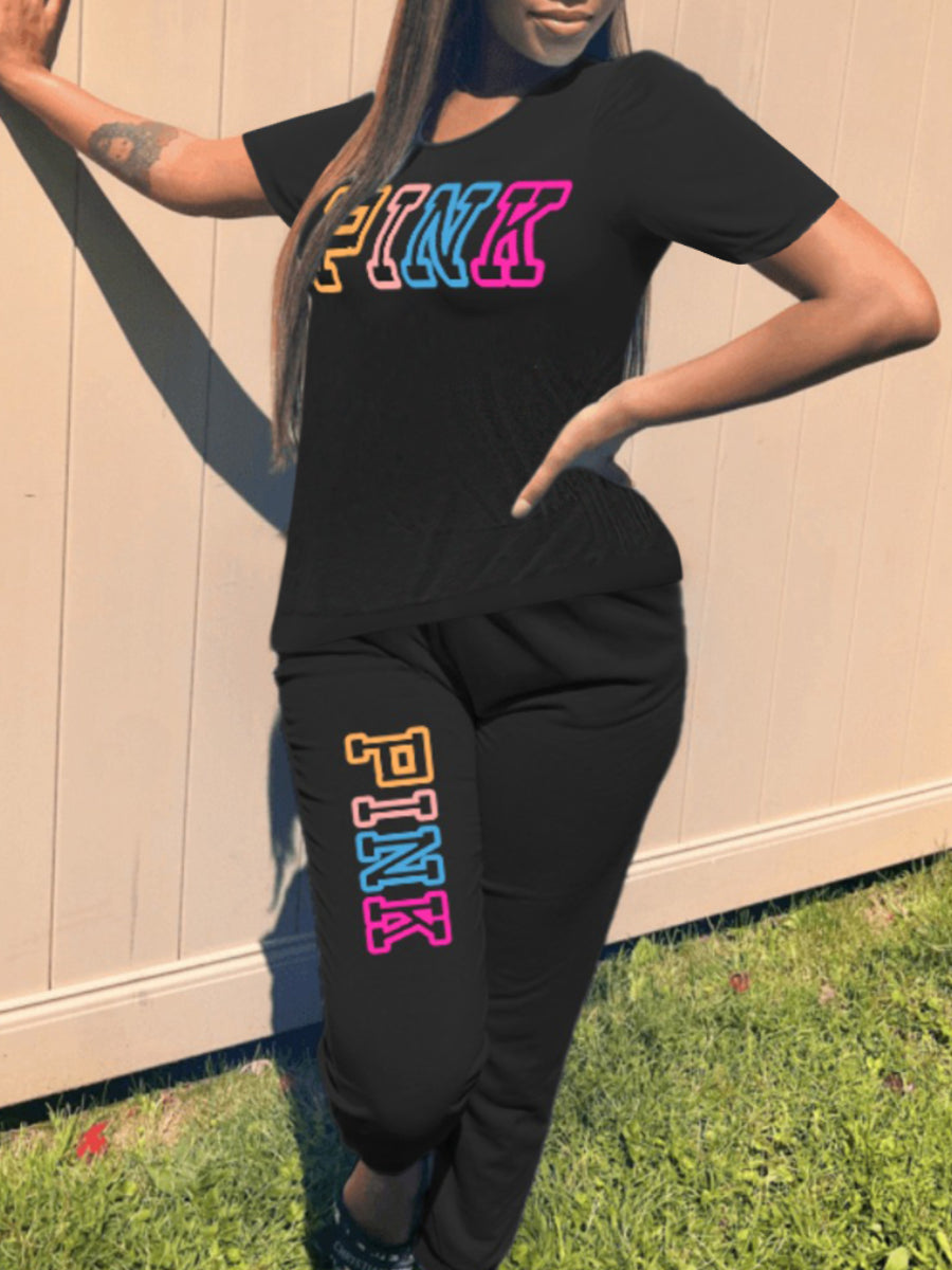 Plus Size Pink Letter Print Pants Set AR5057