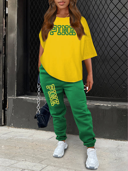 Plus Size Pink Letter Print Pants Set AR5051