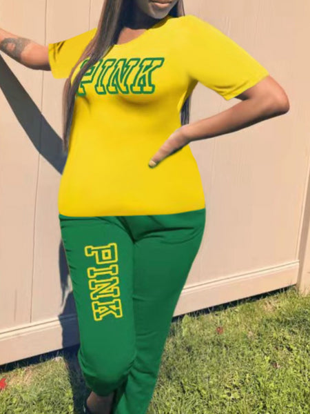 Plus Size Pink Letter Print Pants Set AR5051