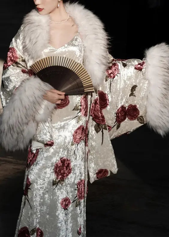 2023 Autumn New Sexy Rose Print Fur collar Silk Dress Two Piece Set Ada Fashion