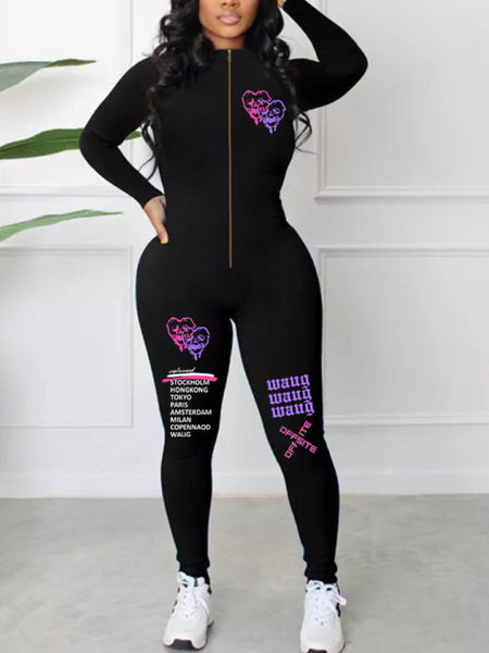 Plus Size Letter Print Zipper Design Skinny Jumpsuit AR5072