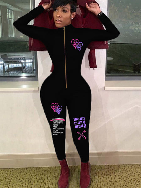Plus Size Letter Print Zipper Design Skinny Jumpsuit AR5072