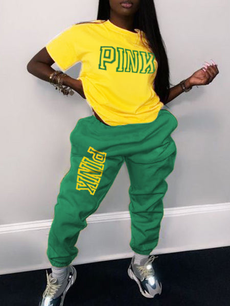 Plus Size Pink Letter Print Pants Set AR5057