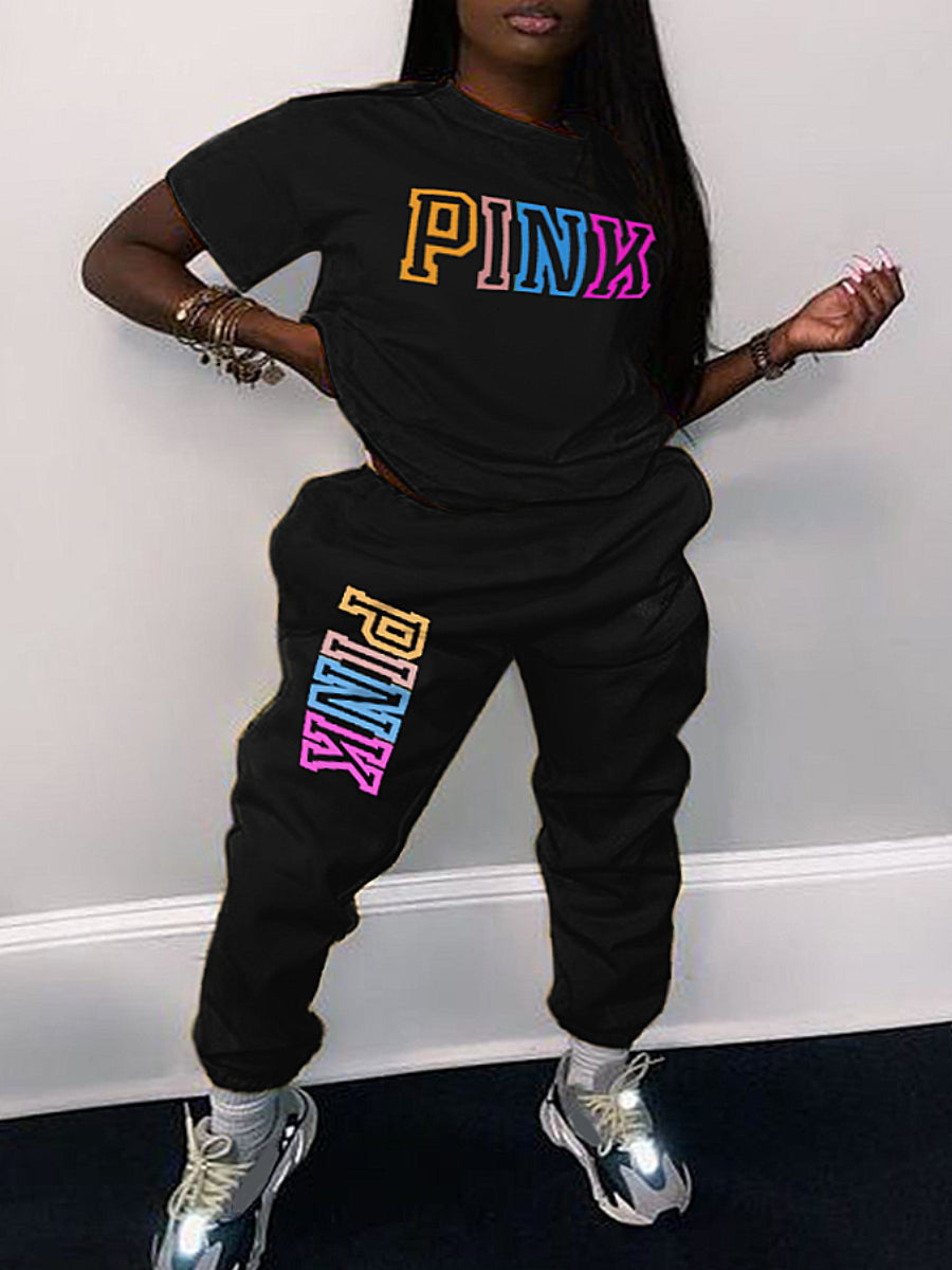 Plus Size Pink Letter Print Pants Set AR5057
