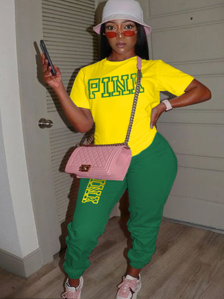 Plus Size Pink Letter Print Pants Set AR5057