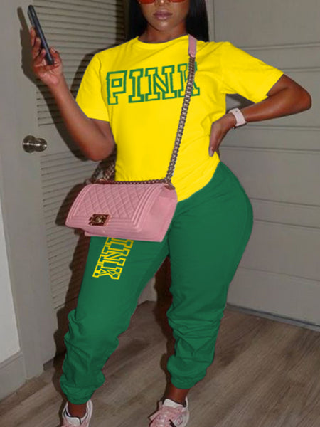 Plus Size Pink Letter Print Pants Set AR5057