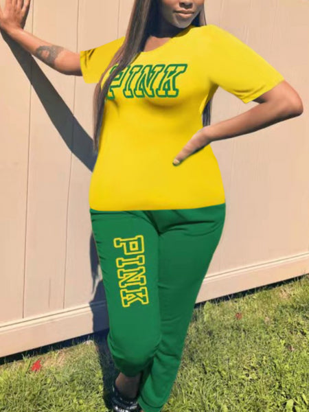 Plus Size Pink Letter Print Pants Set AR5057