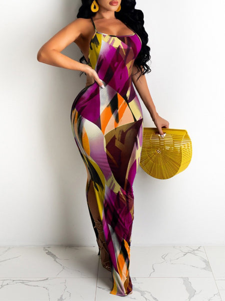 SXY Romantic Split Print Patchwork Modena Floor Length Dress AR5045