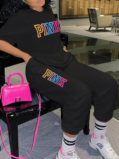 Plus Size Pink Letter Print Pants Set AR5057