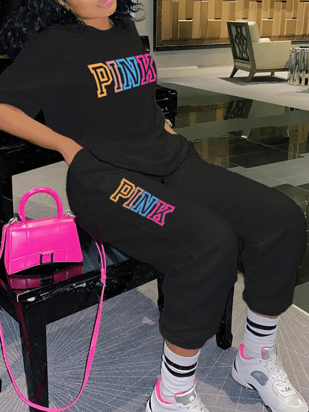 Plus Size Pink Letter Print Pants Set AR5051