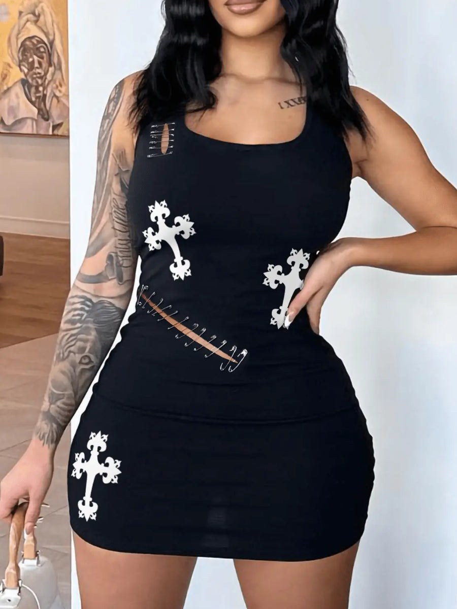 Cross Print Cut Out Cami Dress AR5063