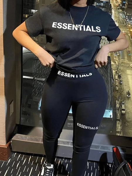 Plus Size Essentials Letter Print Pocket Design Pants Set AR5055