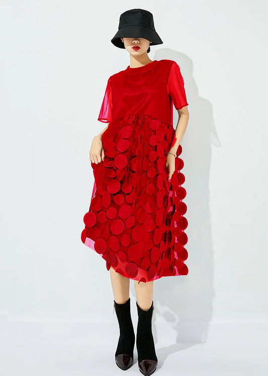 Women Red O-Neck Patchwork Dot Tulle Holiday Dress Summer LY0826