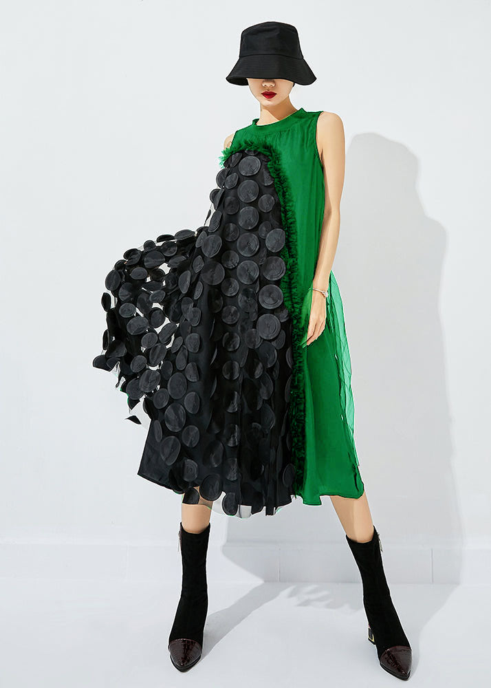 Bohemian Tea Green-Black Dot Asymmetrical Patchwork Wrinkled Tulle Maxi Dress Sleeveless LY0869