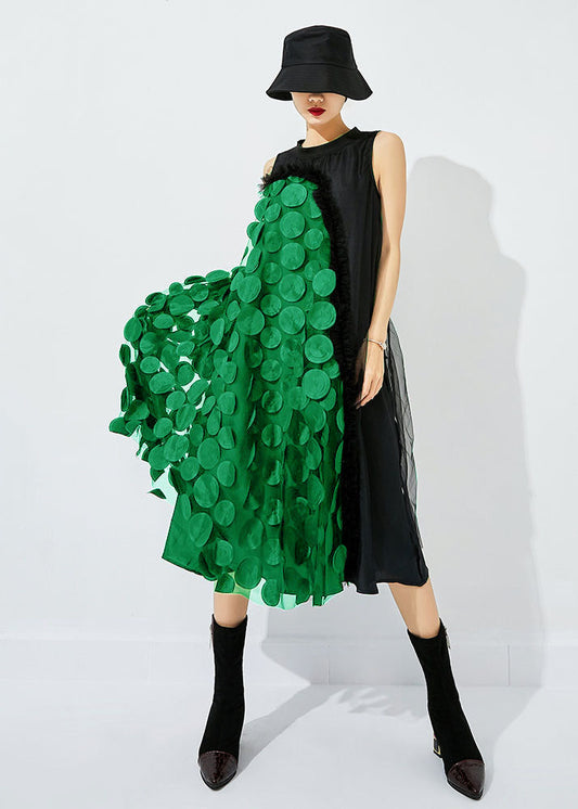 Bohemian Black-Green Dot Asymmetrical Patchwork Wrinkled Tulle Maxi Dress Sleeveless LY0870