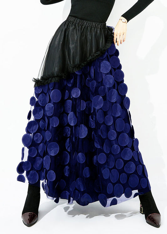 Original Design Black-Blue Dot Elastic Waist Patchwork Wrinkled Tulle Skirt Summer LY0872