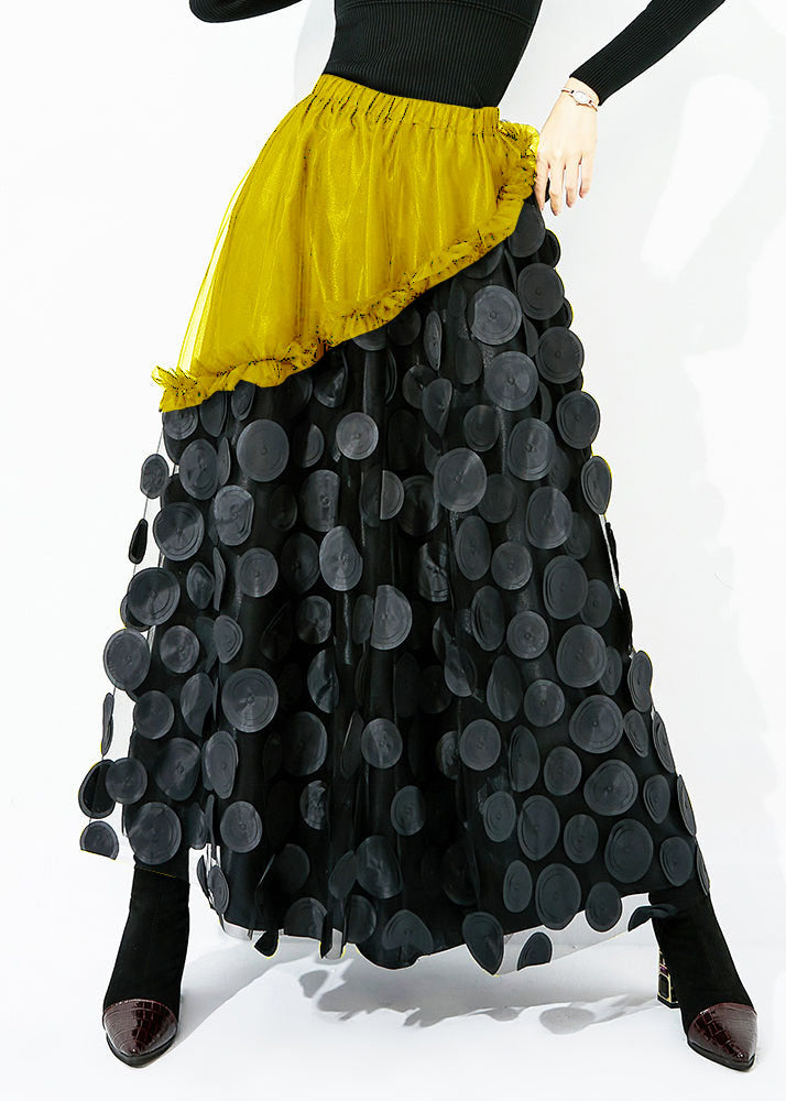 Original Design Yellow-Black Dot Elastic Waist Patchwork Wrinkled Tulle Skirt Summer LY0873