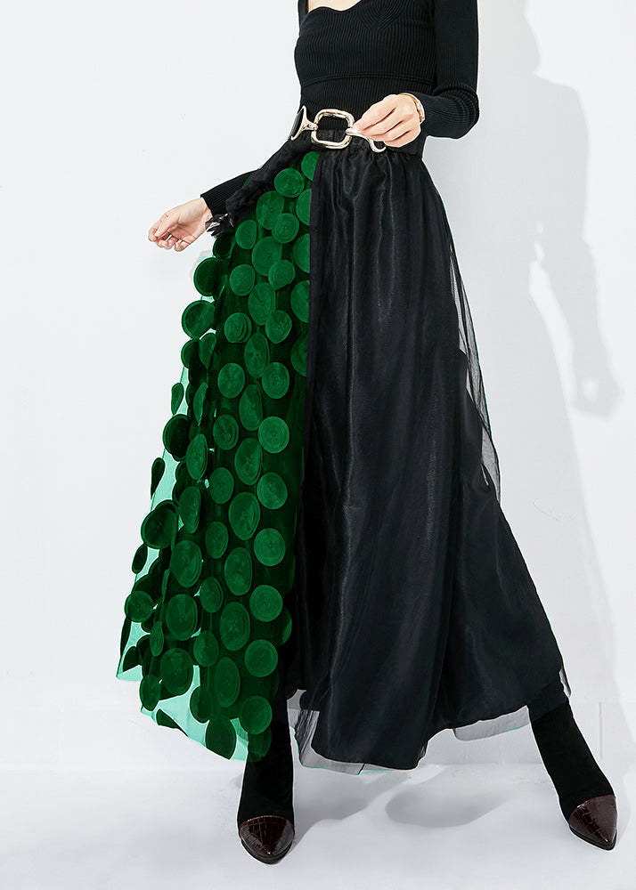 Chic Green-Black Dot Ruffled Patchwork Dot Tulle A Line Skirts Summer LY0813