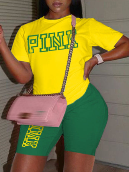 Plus Size Pink Letter Print Pants Set AR5057