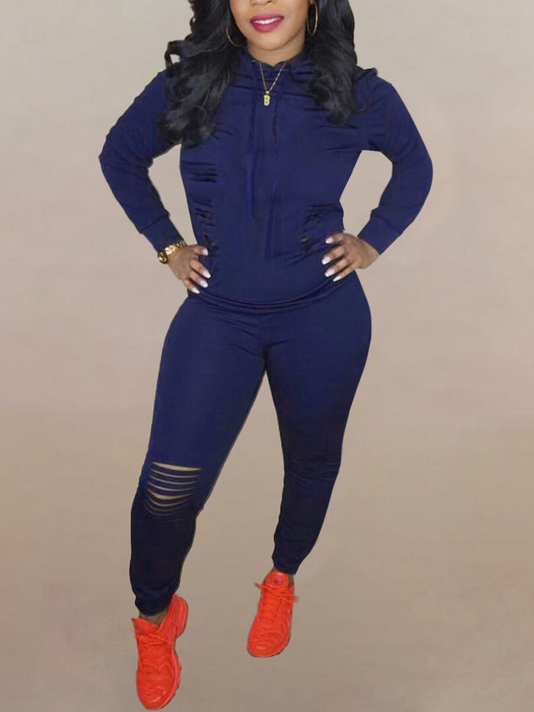 Hooded Collar Ripped Tracksuit Set AR50116