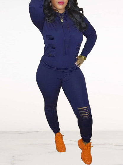 Hooded Collar Ripped Tracksuit Set AR50116