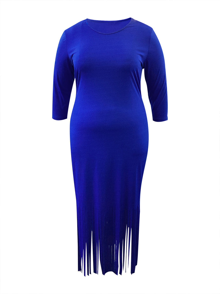 Plus Size Tassel Design Solid Color Bodycon Skinny Dress AR3071