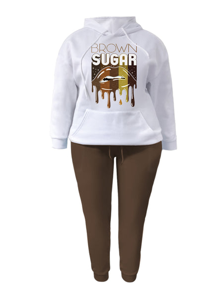 Plus Size Lip Letter Print Kangaroo Pocket Tracksuit Set BO1113