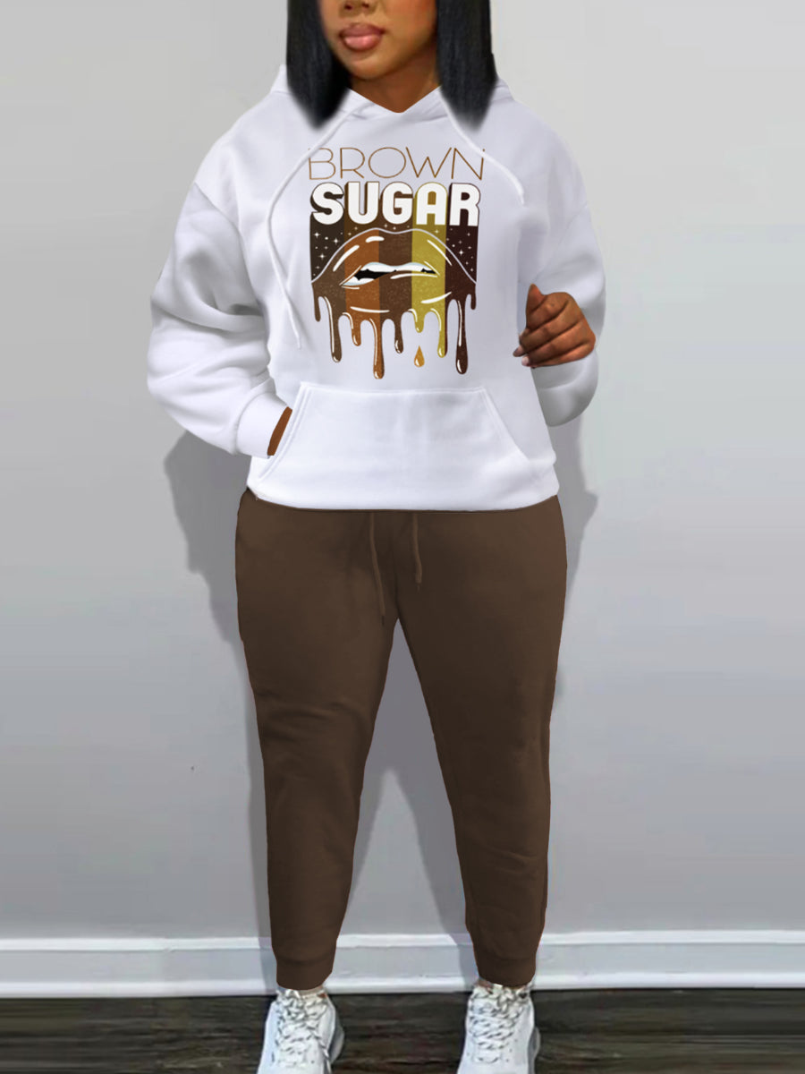 Plus Size Lip Letter Print Kangaroo Pocket Tracksuit Set BO1113