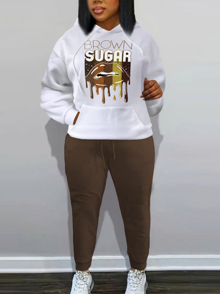 Plus Size Lip Letter Print Kangaroo Pocket Tracksuit Set BO1113